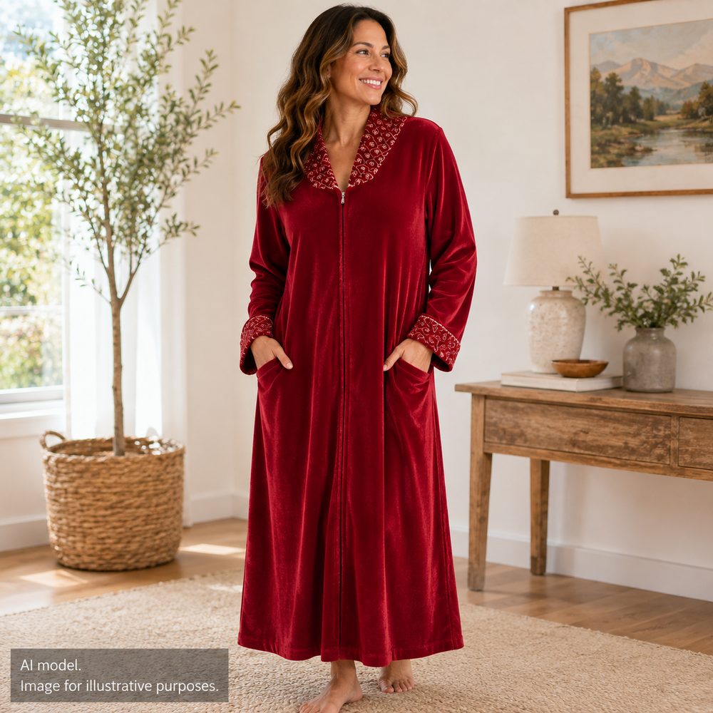 Adonna Robe Housecoat Women Medium Red Embroidered Velour Soft Full Zip Pockets